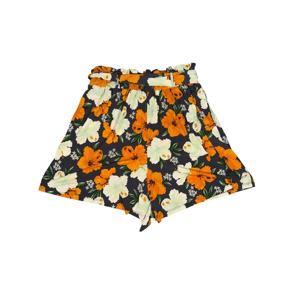 LuLaRoe Tropical Hibiscus Floral Paperbag Waist Shorts Navy Orange Medium F2 - Picture 4 of 9